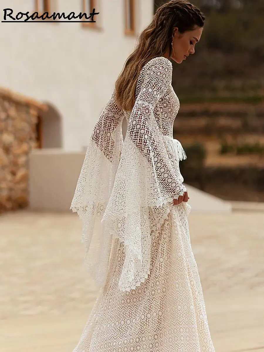 Bohemian Illusion Long Flare Sleeve Lace Mermaid Wedding Dresses V-Neck Tassel High Split Bridal Gowns Robe De Mariée