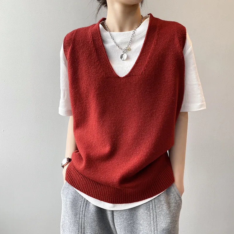 Johnature New Korean Simple V-neck Solid Color Pullover Women Vests 2024 Spring Summer Sleeveless All Match Loose Vests