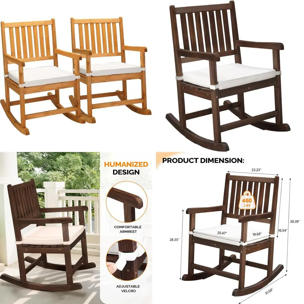 

Прочное устойчивое к атмосферным воздействиям кресло-качалка для улицы с подушкой, деревянной опорой, вмещает 450 фунтов для использования в патио, дворе и в саду.