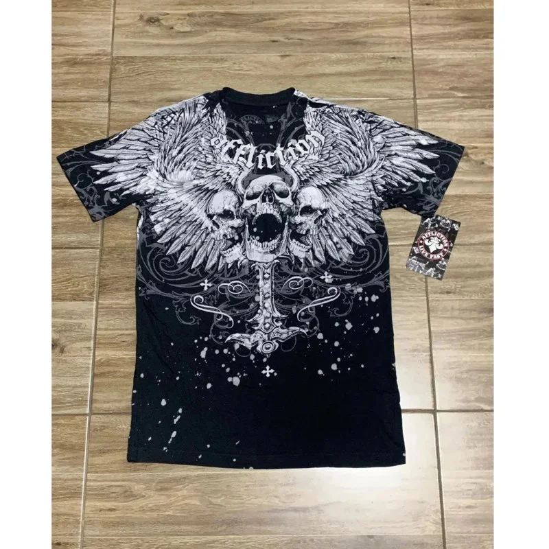 American Retro Goth Y2K Affliction Style Streetwear Tee Gothic Skull Cross Print Trendy Graphic T-shirts Men Clothing