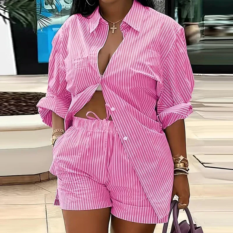 Sexy Turn-down Collar Button Blouse & Shorts Women Outfit 2023 Spring Striped Print Two-piece Suit Retro Long Sleeve Office Sets