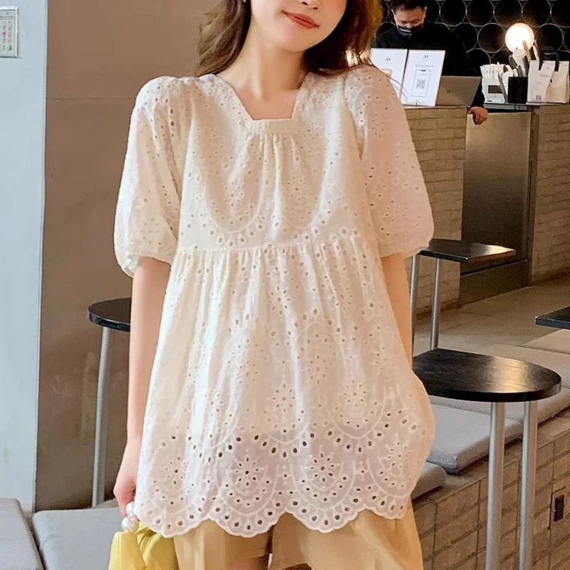 Fashion Summer Hollow Out White Short Sleeve Women Blouses Embroidery Casual Loose Shirts Puff Sleeve Tops