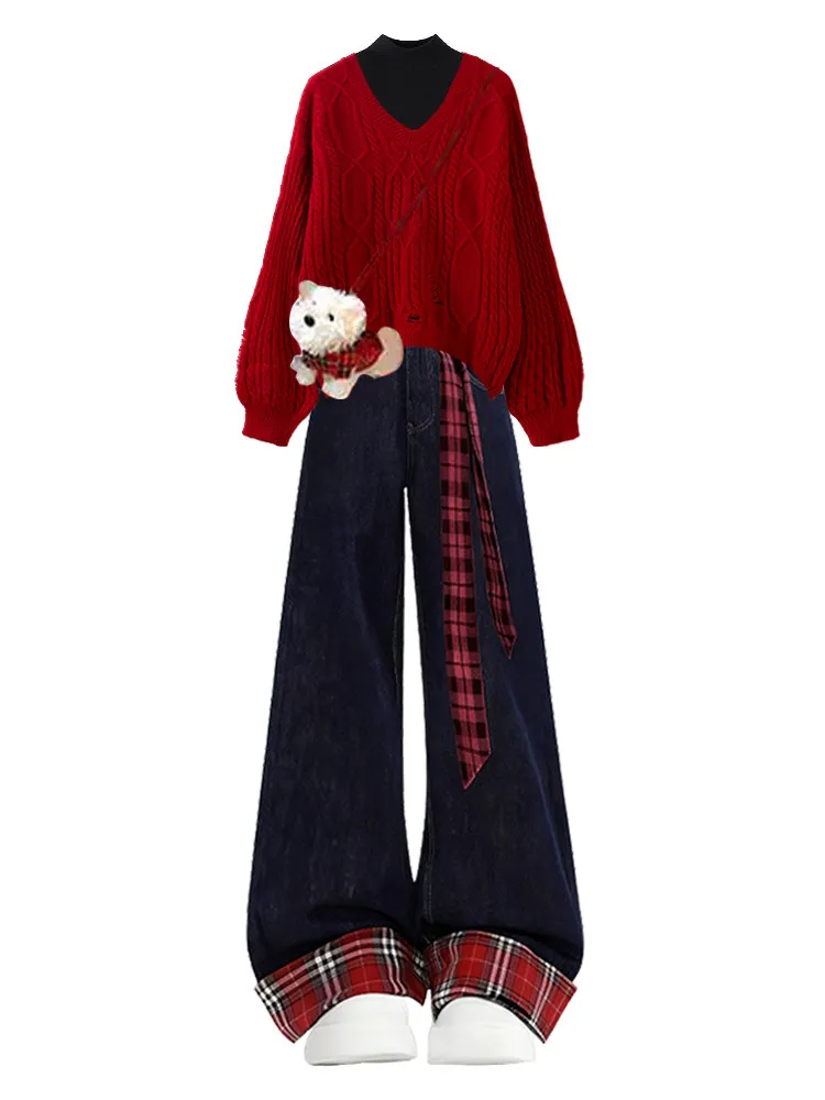 Winter New Year Knitted Sweater And Jeans Set Women's Ele Design Hole V-ne Patchwork High Waist Long Pants Faion Set