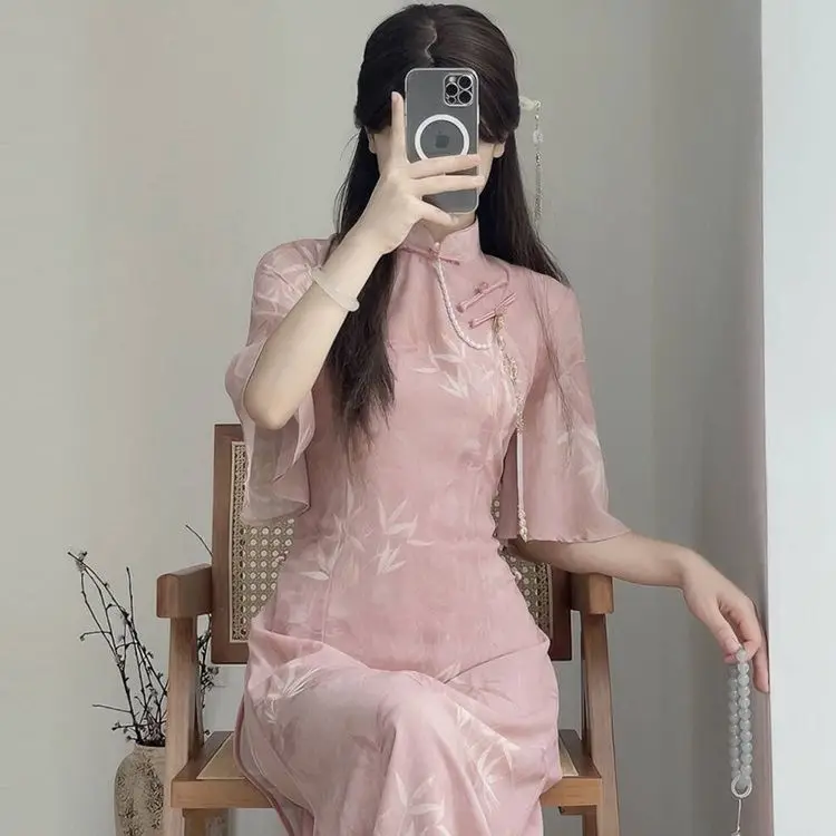 New Chinese Pink 2025 New Slim and Slim Summer Dress