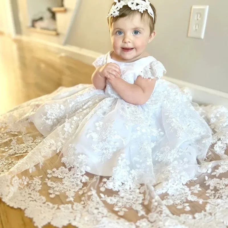 Customized White Princess Flower Girl Dresses for Wedding With Bow Lace Appliques First Communion Baby Kids Birthday Party Gowns