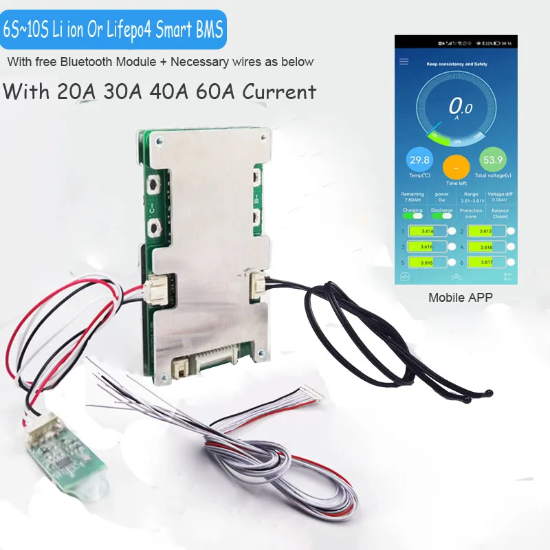 BMS intelligent Bluetooth 7S pour batterie Lithium 29.4V 24V avec courant constant 20a 30a 40a 60a et communication UART