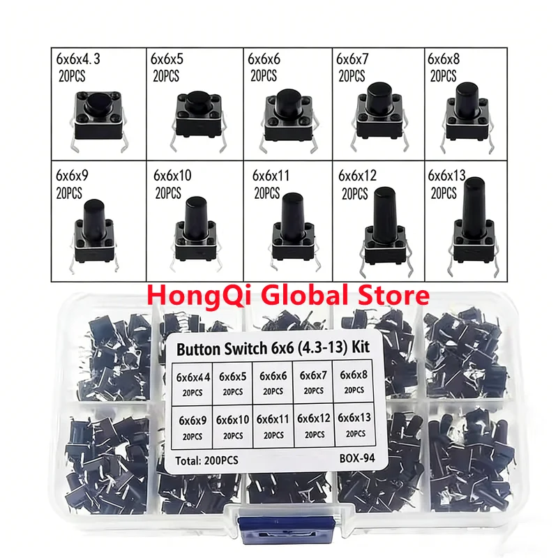 200PCS 10 Models 6*6 Tact Switch Tactile Push Button Switch Kit Height: 4.3 5-12mm DIP 4P Micro Switch 6x6 Key Switch