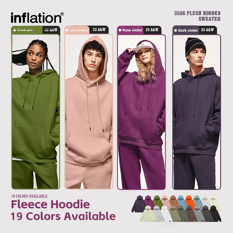 INFLATION Winter Thick Fleece Hoodies Unisex Trendy 350gsm Premium Velvet Hoodies Mens Minimalism Blank Hooded Sweatshirt