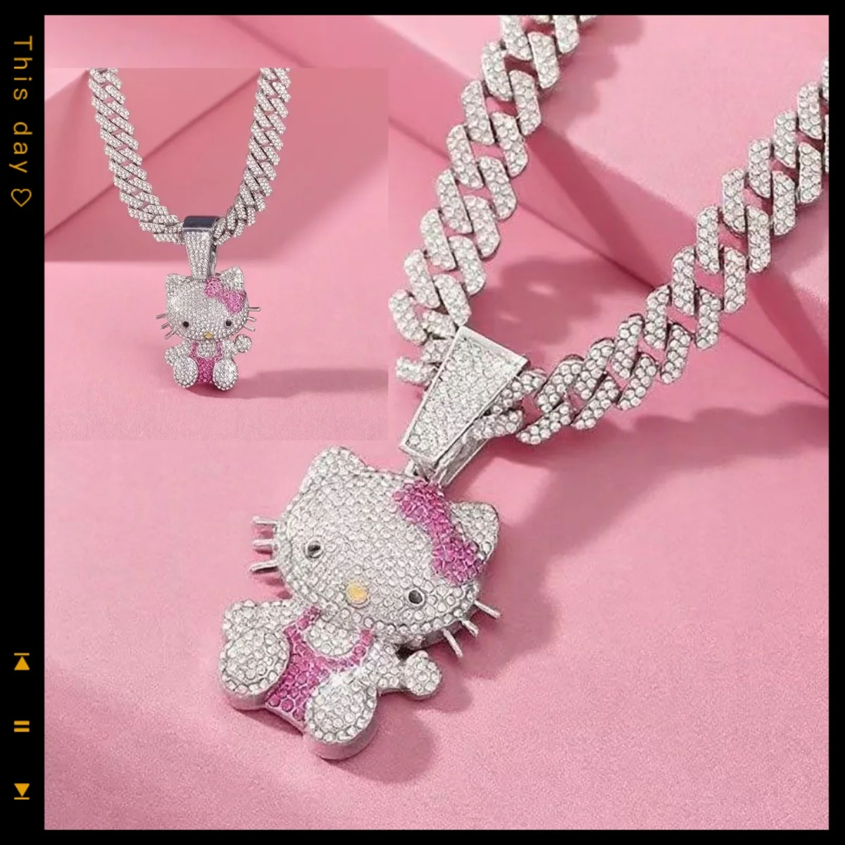 

Kawaii hello kitty necklace for women anime peripherals full of diamonds cute cat pendant Cuban chain jewelry Europe and America