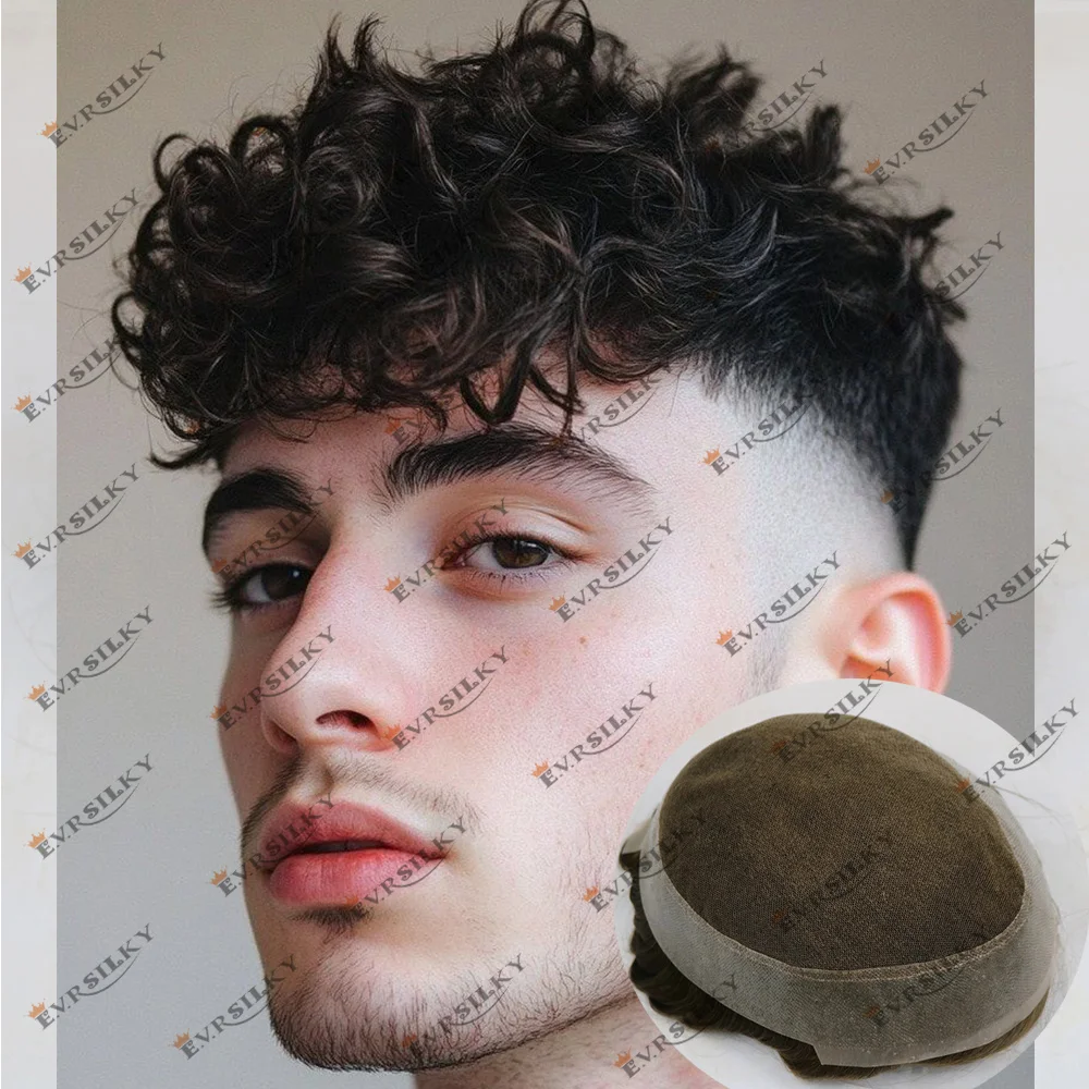 

Breathable 25mm Curly 100% Human Hair Prosthesi Capillar Super Durable Australia Lace&PU Base Men Toupee Natural Hairline System