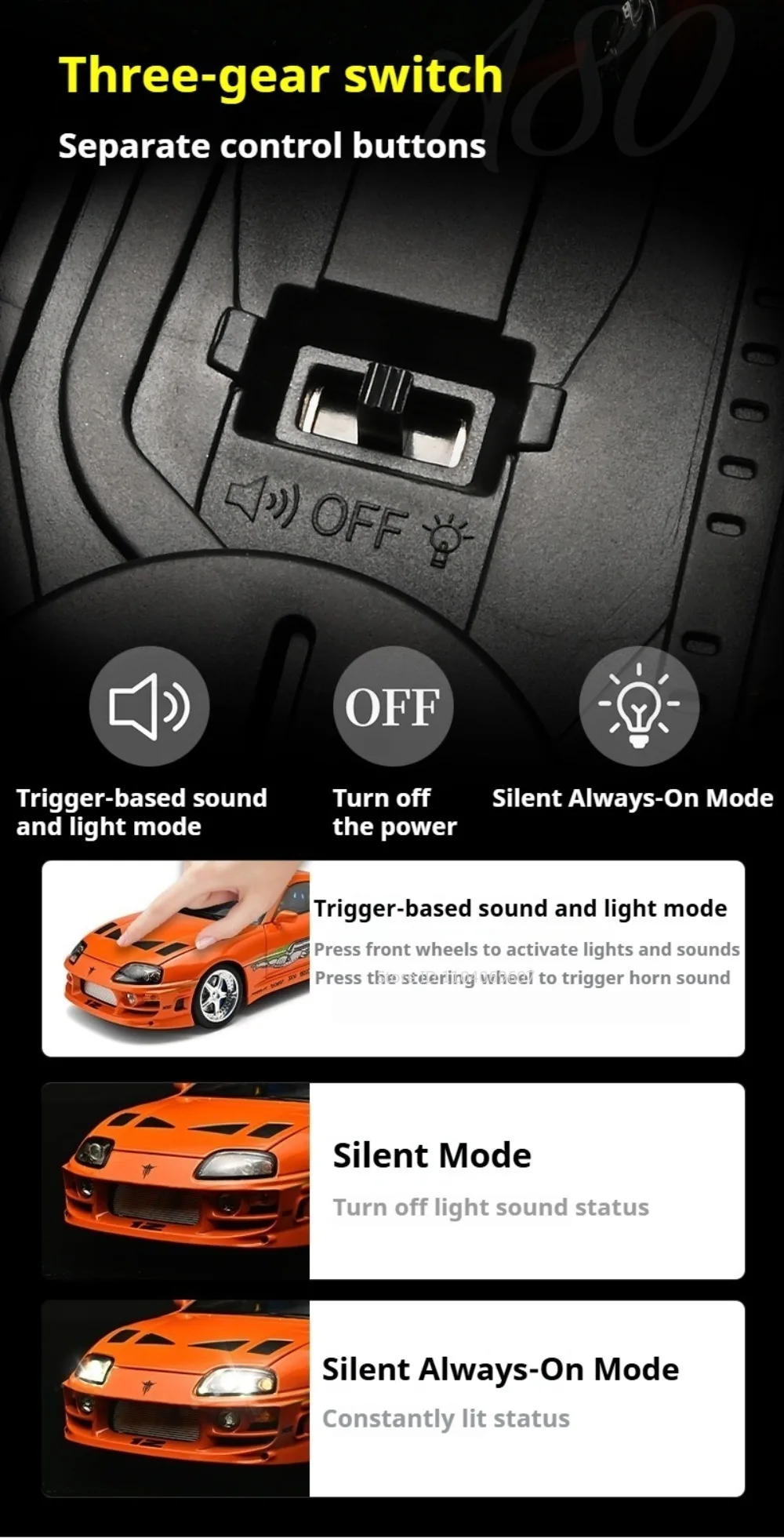 1:24 Scale Supra A80 911 GT3RS Supercar Model Toy Alloy Diecast Shock Absorption Doors Opened Sound Light Collection Sports Cars