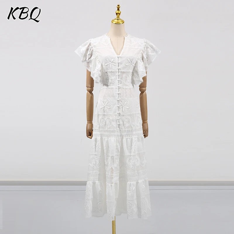 

KBQ Solid Embroidery Loose Spliced Sheer Midi Elegant Dresses for Women V Neck flying Sleeve High Waist Minimalist Dress Female