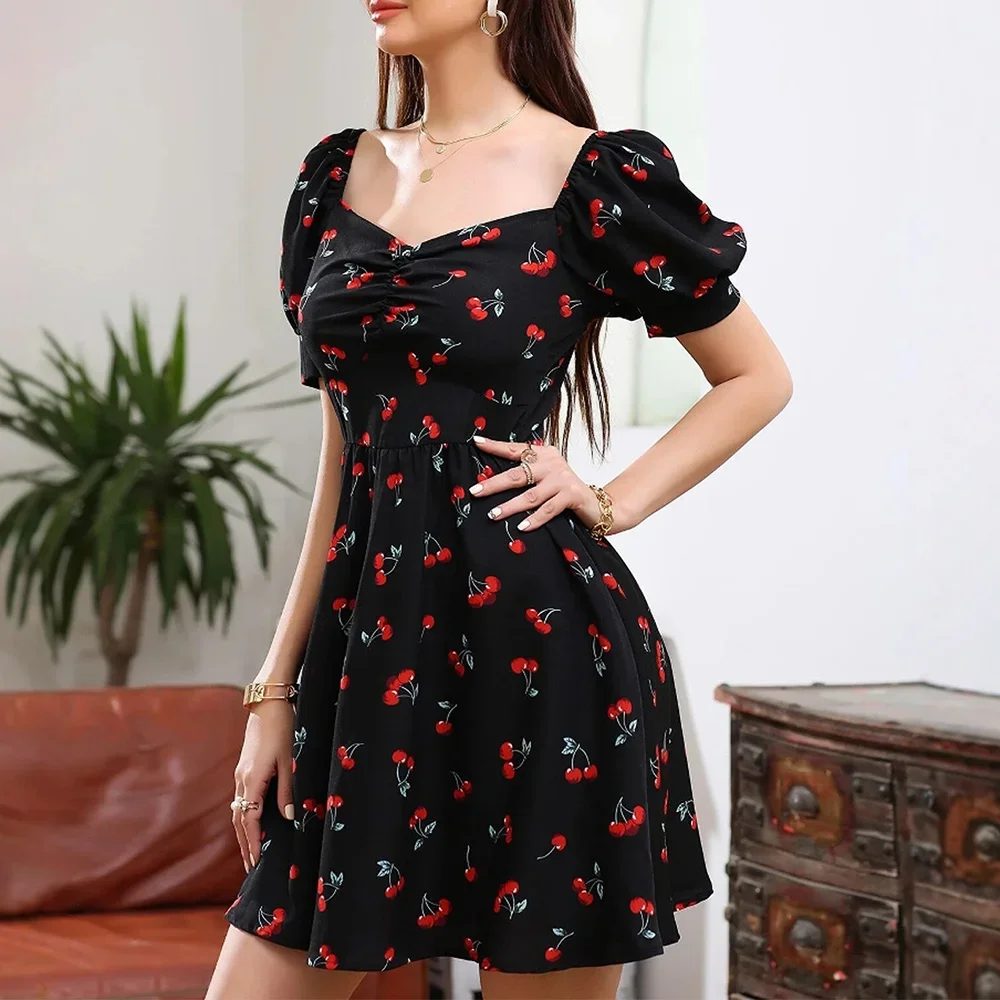 CPSYMYM 드레스 봄 여름 한국 달콤한 체리 인쇄 퍼프 슬리브 연인 목 여성을위한 a 라인 미니 휴가 드레스