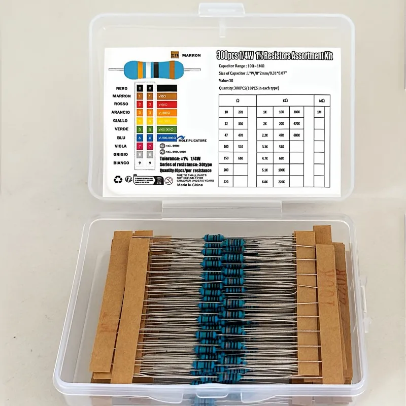 600/300PCS 1/4w Metal Film Resistor 30 Values Resistance Kit 10R-1M 150R 680K 0.25W 1% Resistors Set