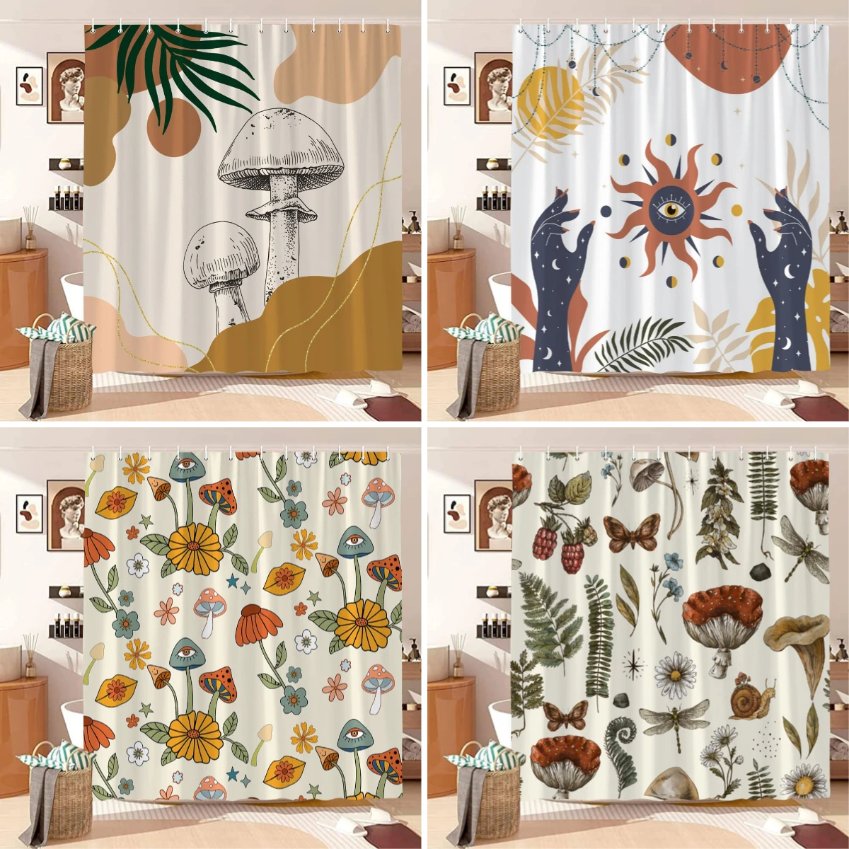 

Vintage Mid Century Mushroom Shower Curtain Bohemian Botanical Floral Abstract Line Polyester Fabric Bath Curtain Bathroom Decor