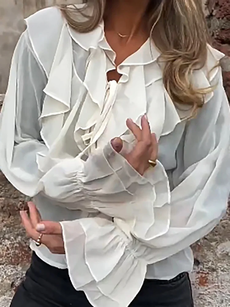 

Women Fashion V-neck Lace Up Chiffon Blouses Spring Solid Ruffle Office Ladies Shirt Autumn Flare Long Sleeve Loose Top Harajuku