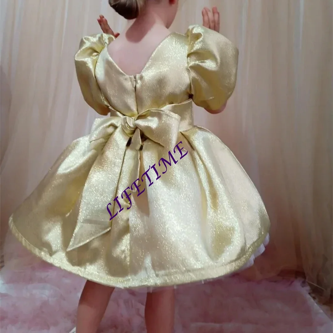 Customized Ivory Off-The-Shoulder Flower Girl Dress Satin Lace Appliques A-Line Knee-Length Cute First Communion Dress for Baby