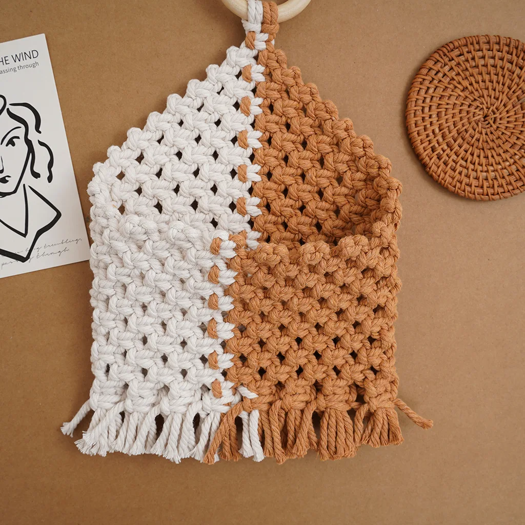 Two Tone Macrame Tapestry Bunny Ear Hanging Storage Pouch Nordic Bohemian Home Decor Organizer Handwoven Cotton Cord Wall Pouch