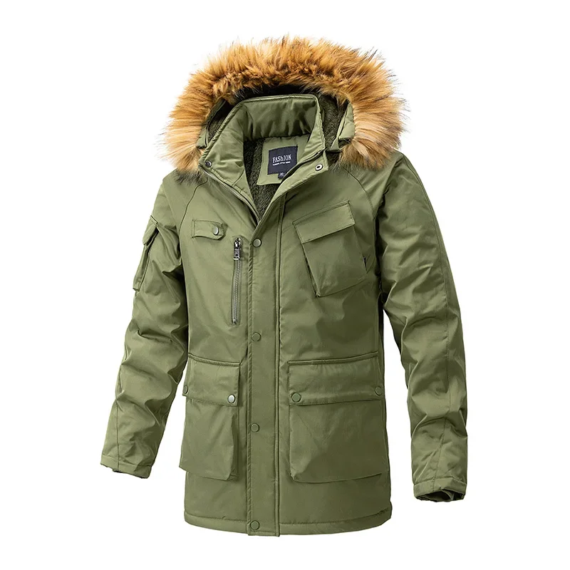 Cuello de piel polar Otoño Invierno moda abrigo hombres prendas de vestir exteriores ropa con capucha Chaqueta larga cárdigan acolchado grueso nuevo Casual Parkas Tops