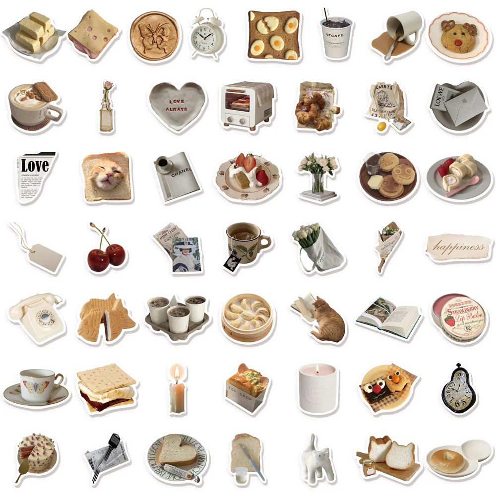 50PCS Korean Retro Bread Cat Graffiti Stickers Decorative Luggage Laptop Diary Scrapbook Stickers ﻿