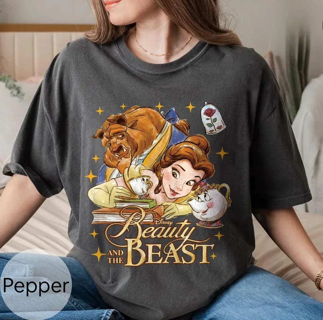 여성용 디즈니 레트로 미녀와 야수 티셔츠 빈티지 코튼 반팔 유니섹스 스트리트웨어 오버사이즈 루즈 캐주얼 스타일리쉬