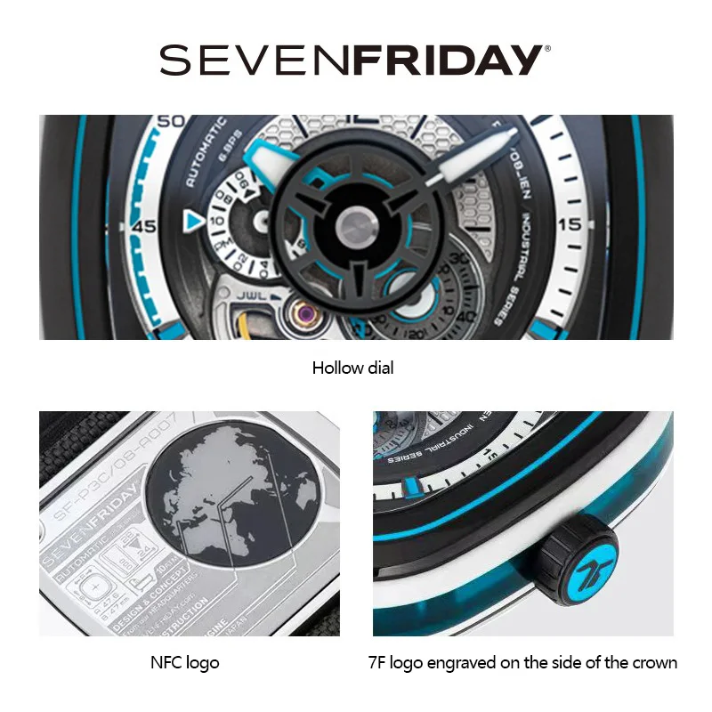 Sevenfriday Mens Watches Waterproof Mechanical Men Watch Vintage P3C/08 NFC function Cool Strap Watches  Automatic Watch for Men