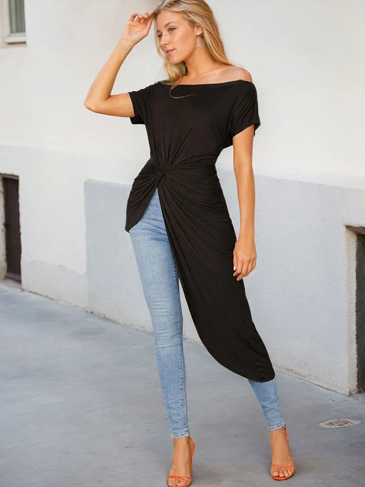 Women Black Irregular Dress Summer Fashion Pleated Patchwork Short Sleeve Dresses Casual Solid Elegant High Waist Dress