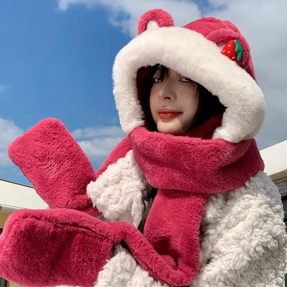 

Женские зимние шапки с милым клубничным медведем, комплект из 3 предметов с перчатками, утолщенный шарф, шапка 3 в 1, ветрозащитная теплая шапка для улицы