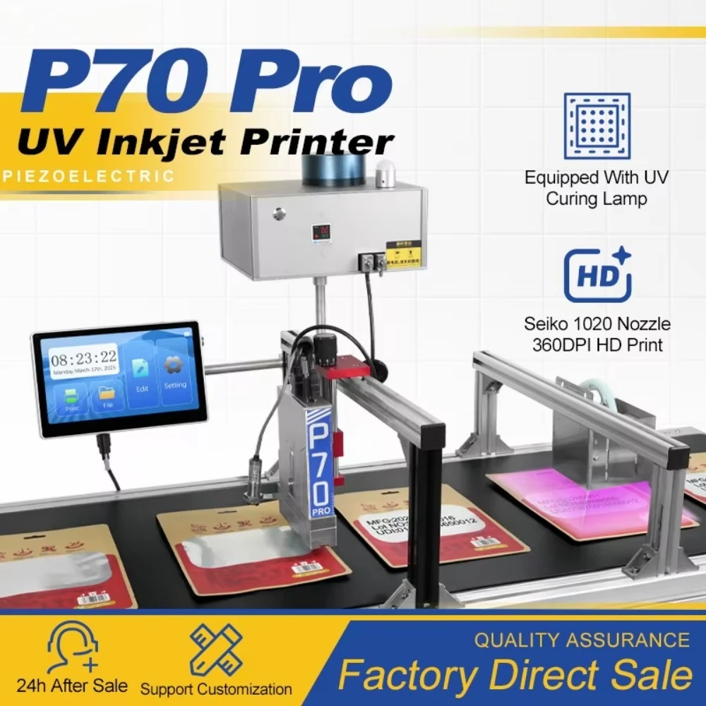 New Demin P70Pro UV Inkjet Semi-Automatic Belt Printer Large Character QR Code 72mm Width 1020 Printhead 360dpi