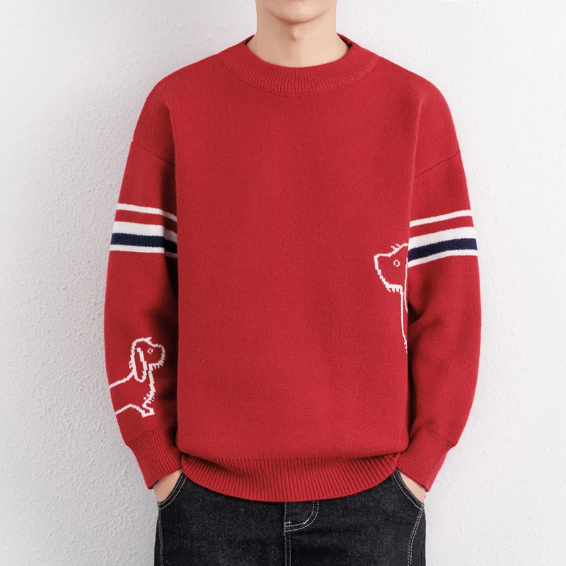 High End Brand Autumn Winter Sweater New Striped Design Dog Print Men's Round Neck Couple Korean Casual Fashion Knitted Pullover