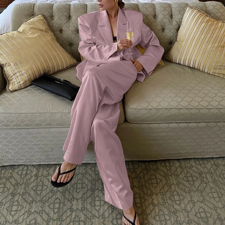 

2025 Fashion Autumn High-end Pink Commuter Suit Women's Design Pleated Waist Suit Top Loose Trousers Two-piece Suit