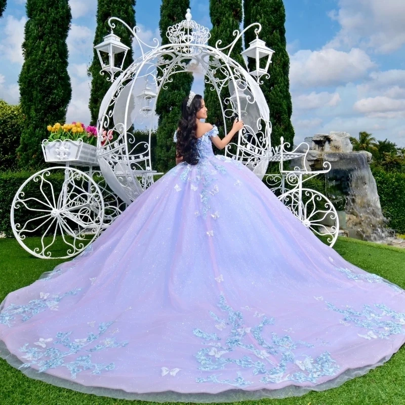 

Sky Blue Lilac Sweetheart Quinceanera Dress Party Gown Appliqué Bow Beads Tull Princess Beads Crystal Off The Shoulder For 16