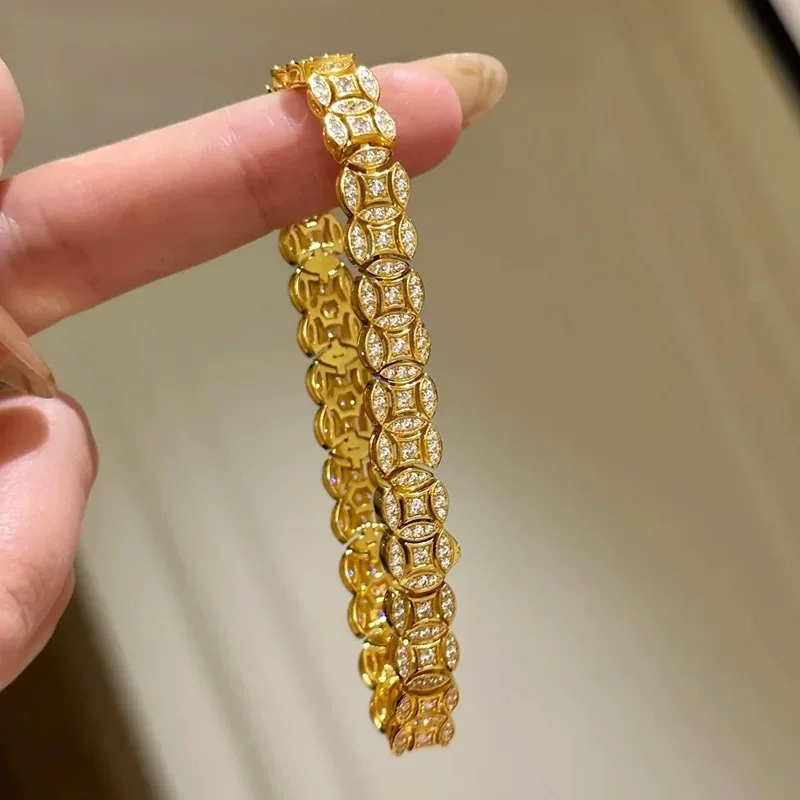 

Full Diamond Full Circle Hollow Money Bracelet Women's 24K Gold AU999 - Gold enhances diamonds, money adds charm, elegant luxury