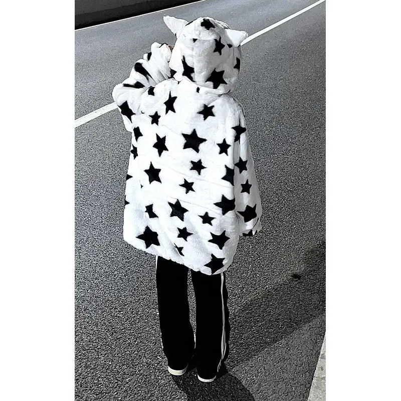 Giacca con cappuccio stampata a stella per donna Inverno Allentato oversize Sudaderas Harajuku Ropa Mujer Con cappuccio Zip Up Moda Y2k Goth Cappotti