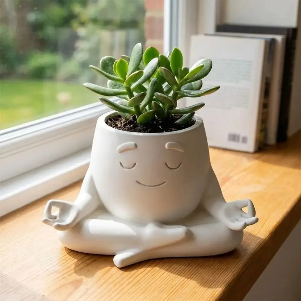 3D‑Printed Sitting Yoga Figurine Succulent Planter Novelty Face Flower Pot Unique Handicraft Decor Ornament Home Decoration