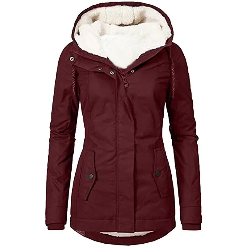 Zipper Outdoor Jacket for Women Warm Windproof Waterproof Mountaineering Hooded Coat Autumn Winter Long Sleeve Solid Color Tops