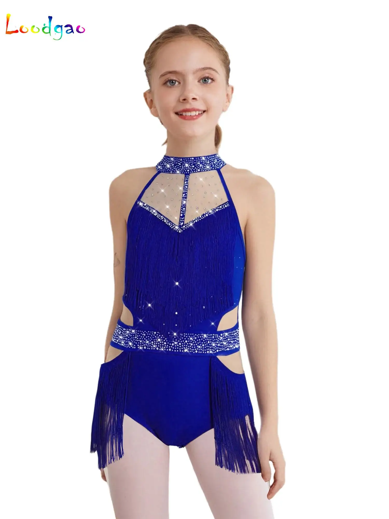 

Kids Girls Rhinestones Tassel Dress Latin Jazz Leotard Costume Dance Competition Performance Jumpsuit Rumba Cha Cha Dancewear
