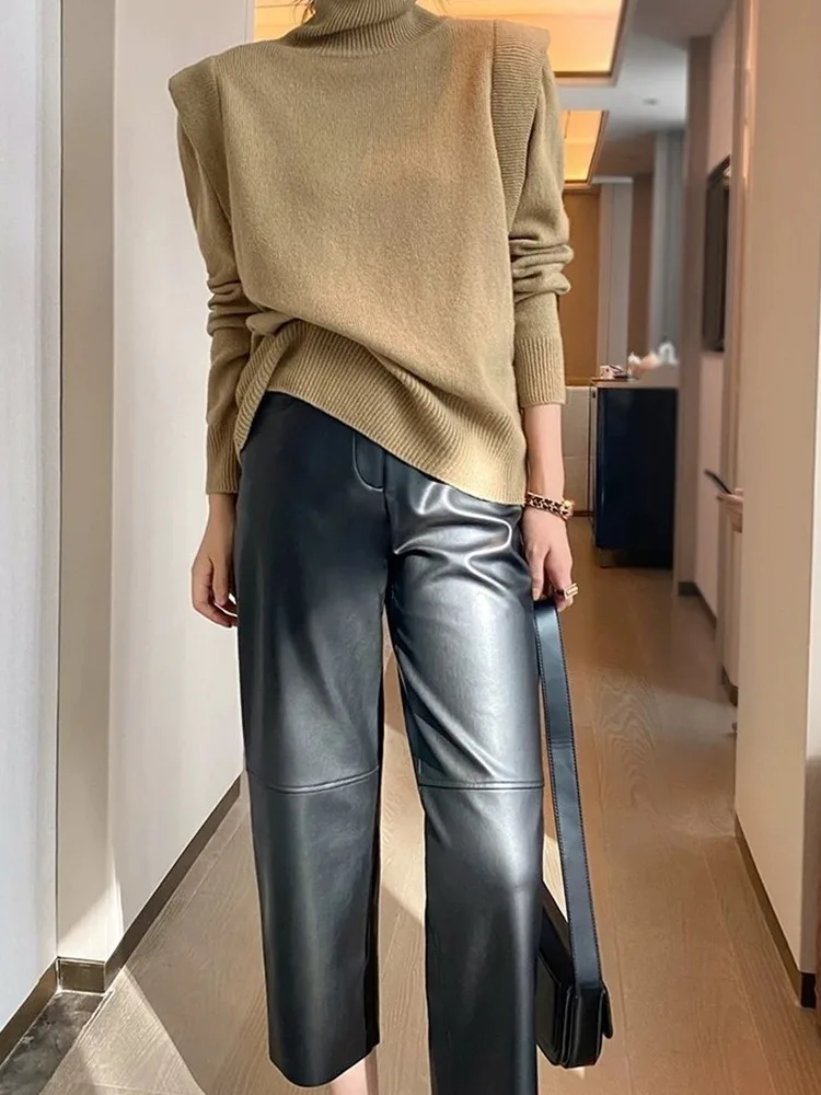 

Ning Genuine Leather Wide Leg Pants Nine Points Casual Women's Faionable Straight Cut Autumn Winter Seasonal Trousers