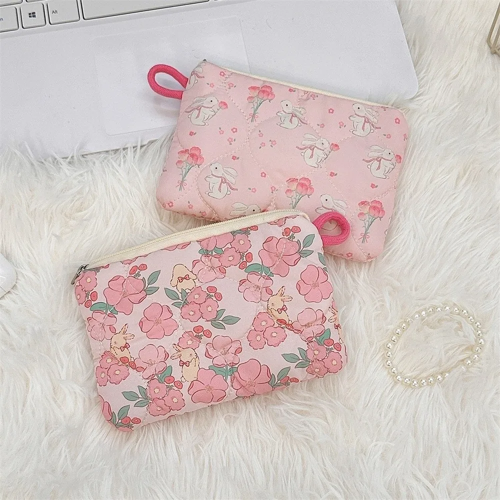 New Polyester Mini Makeup Bag Cartoon Flowers Rabbit Card Storage Earphone Storage Bag Small Travel Bag for Lipstick