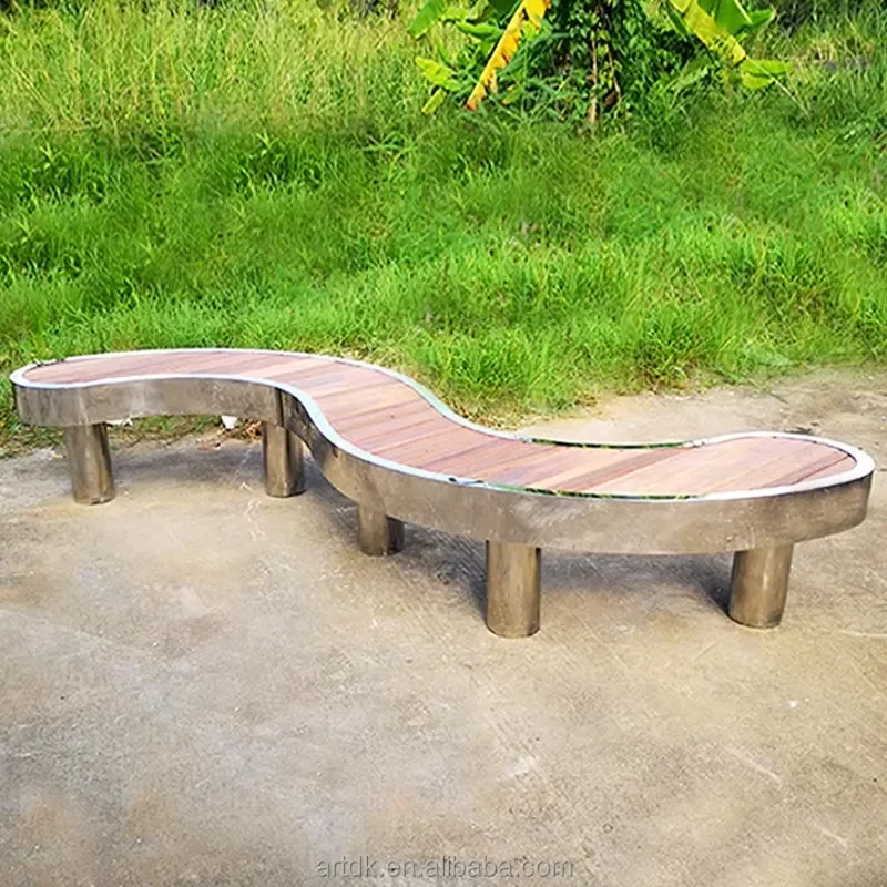 Y823 S-shaped curved stainless steel park bench solid wood slats outdoor landscape public seat