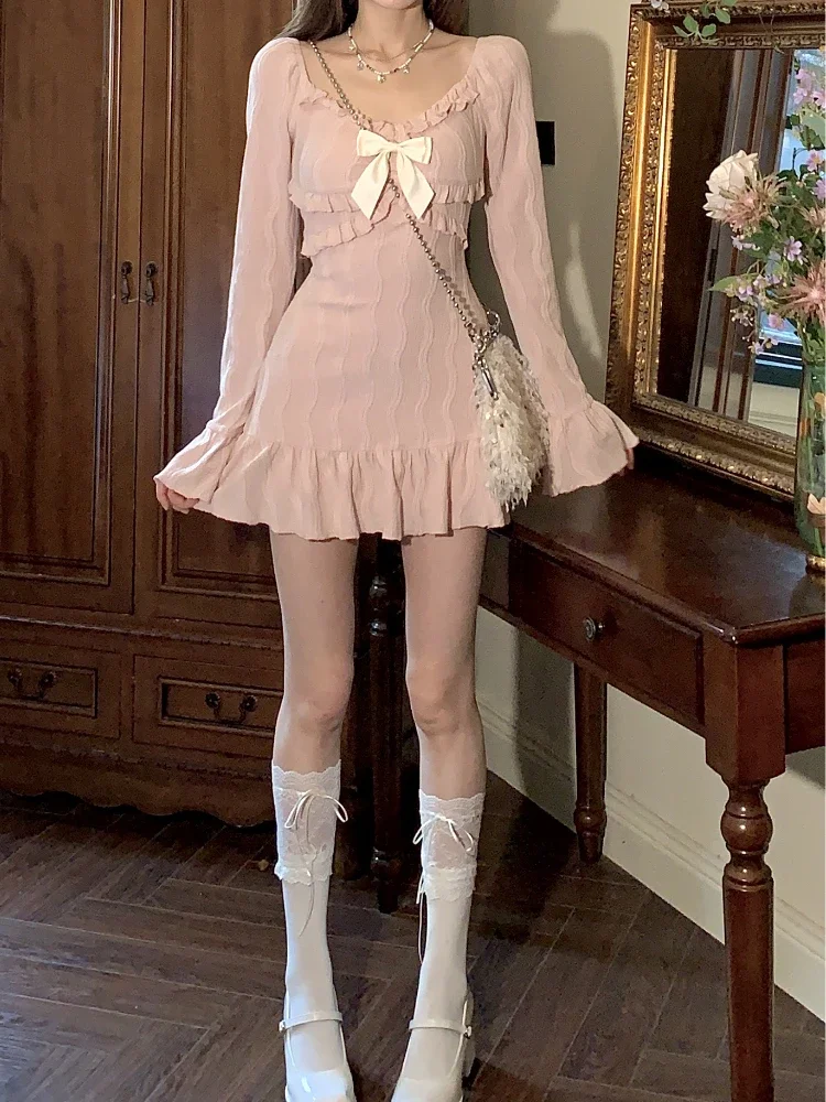 2024 New Pink Sweet Slim Y2k Mini Dress Woman French Elegant Flare Sleeve Dress Party Casual One Piece Dress Korean Fashion