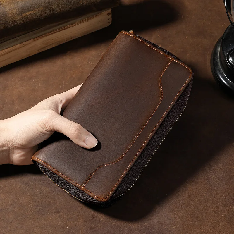 Business cowhide long men's hand-held wallet hot selling crazy horse leather personalized Retro  large capacity clutch bag