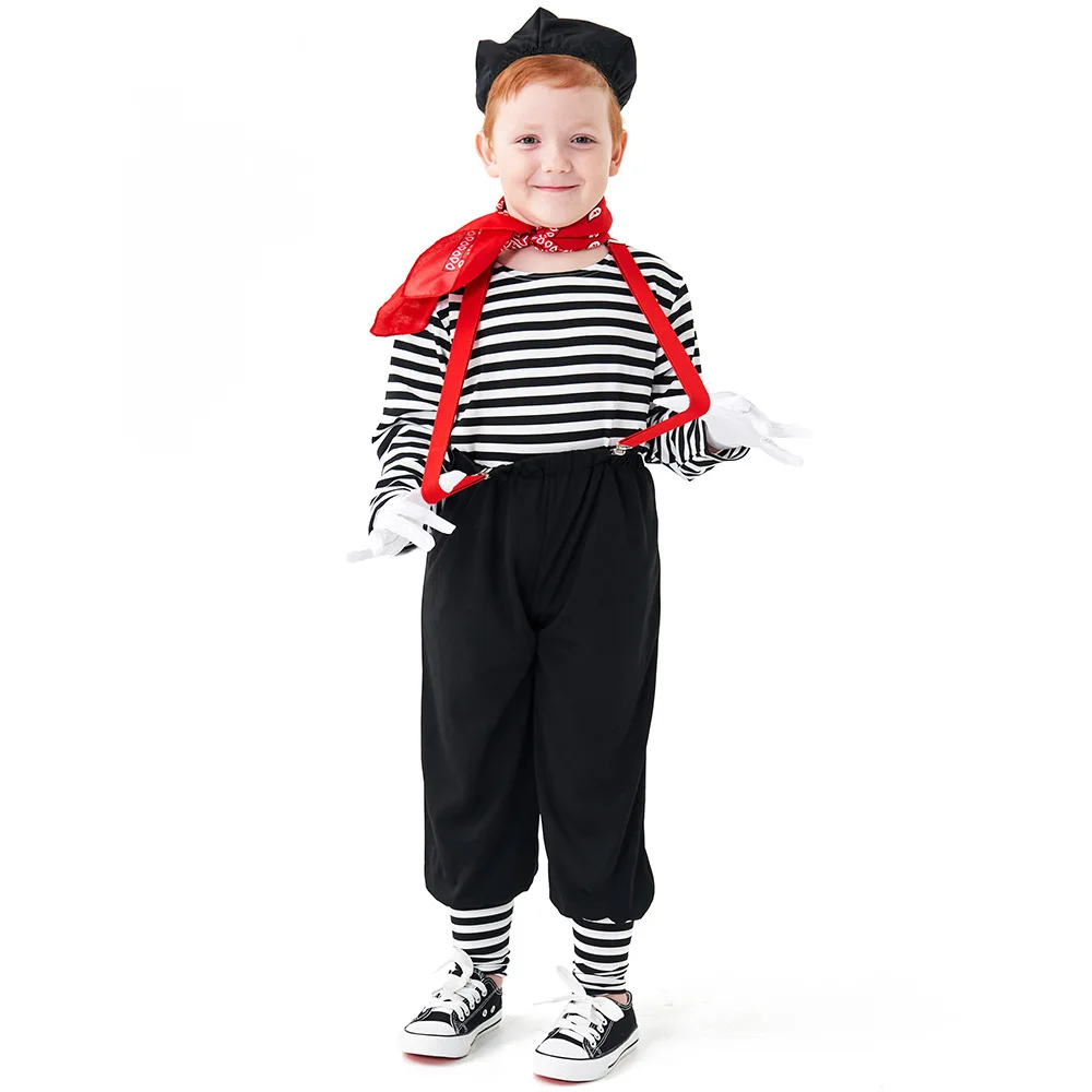 Umorden Unisex Child Kids Silent Actor Mime Artist Costume Black White French Mimic Clown Halloween Fancy Dress for Girls Boys