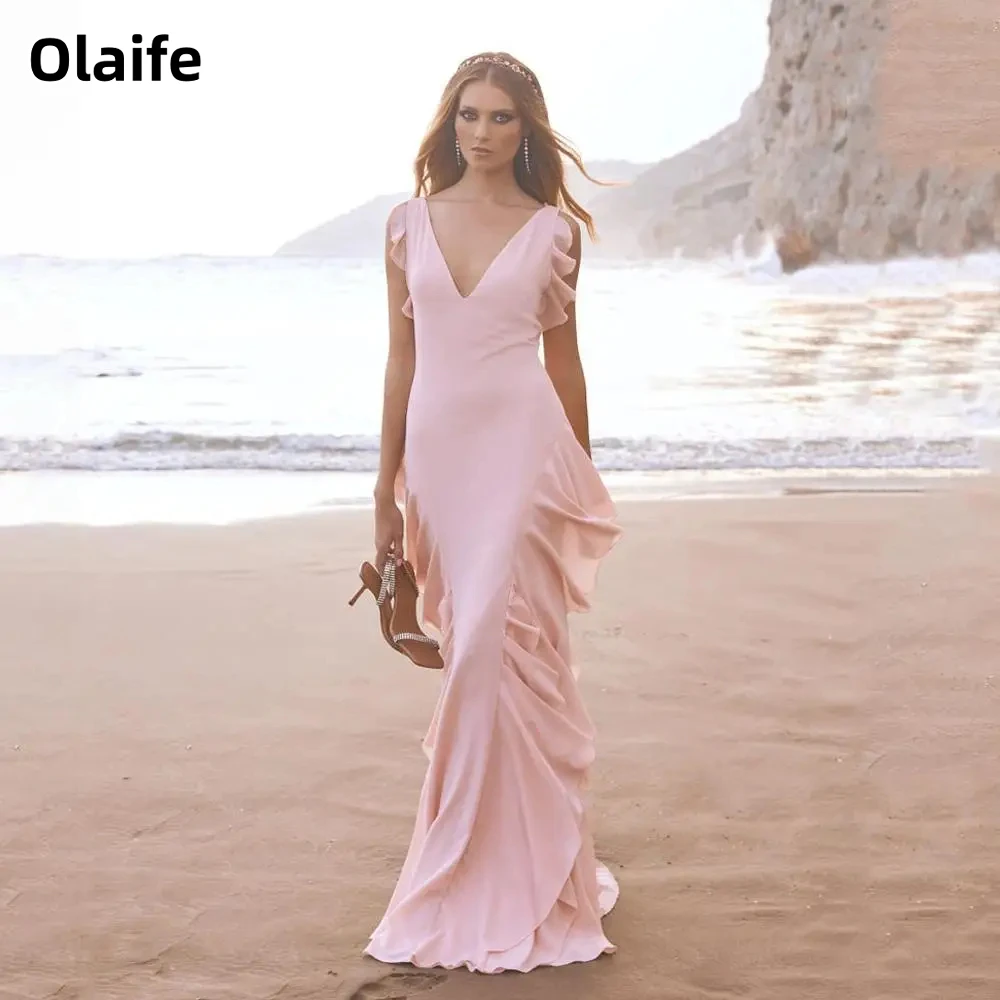 Olaife Elegant Ruffled V-neck Backless Prom Dresses Sleeveless Chiffon Floor Length A-line Evening Gown Vestidos De Noche