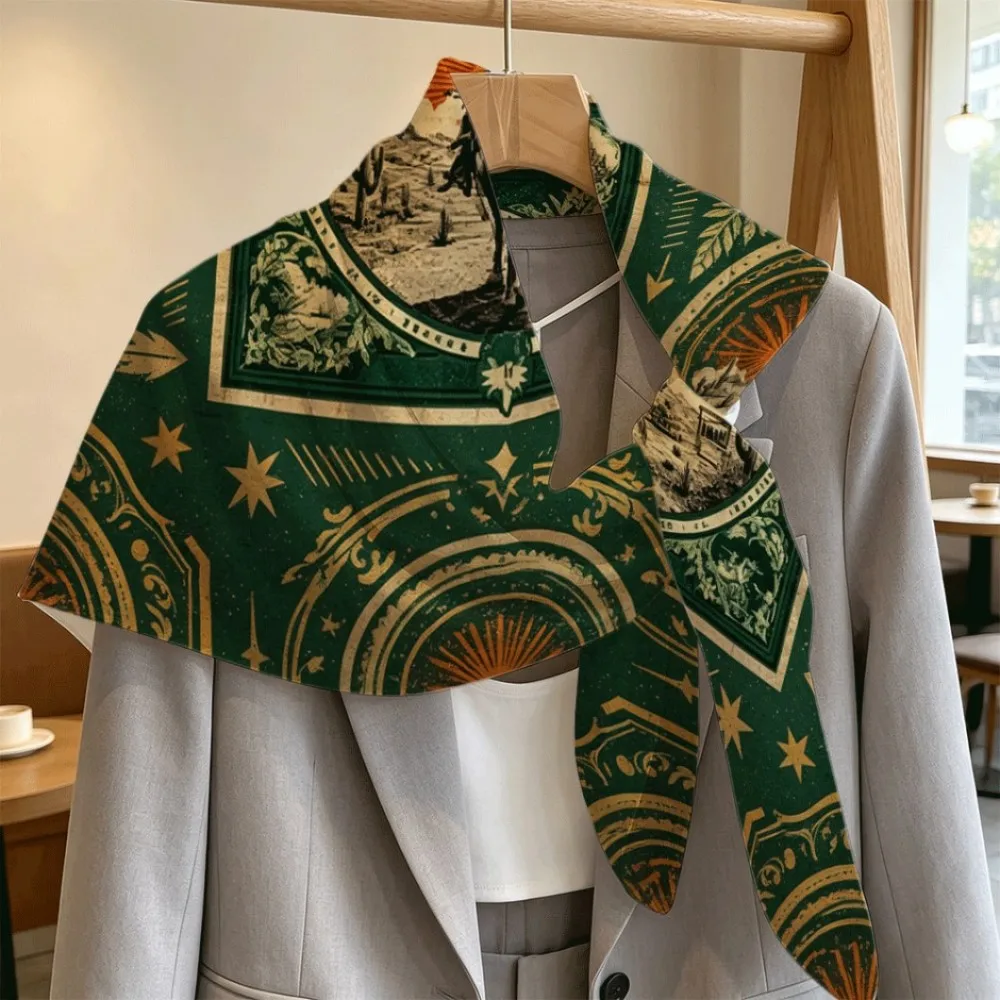 Green Gold Desert Cowboy Horse Scene Women Portable Square Scarf, Foldable Multi-use Accessory Gift