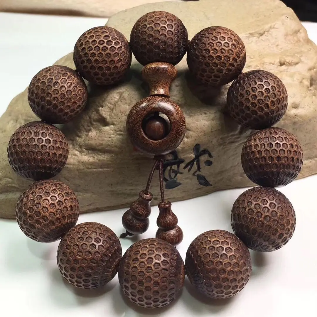 Golden Sandalwood Bracelet Carving Chinese Ethnic Style Time to Time Lotus Men and Women Buddha Beads Wen Play Walnut HandString