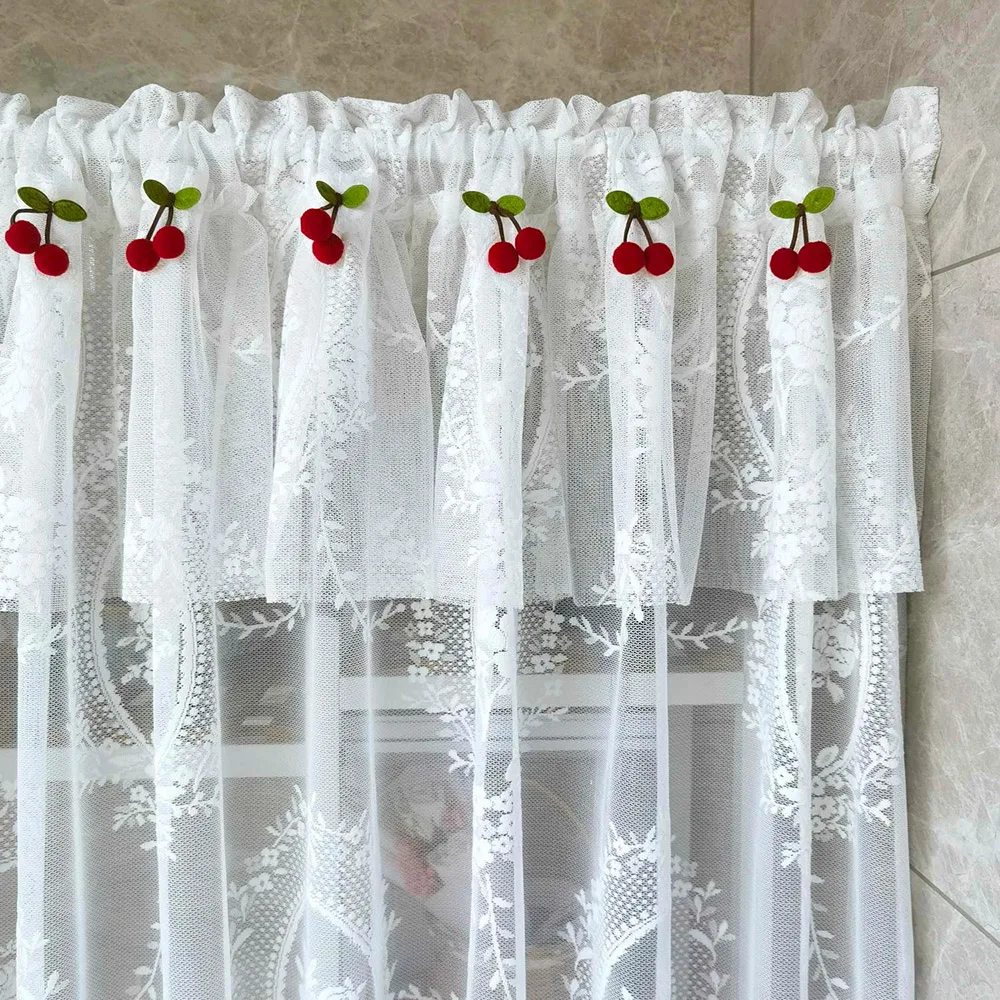 White Lace Short Kitchen Curtain Rod Pocket Sheer Voile Cherry Design Double Layer Half Curtains Living Room Door Window Decor