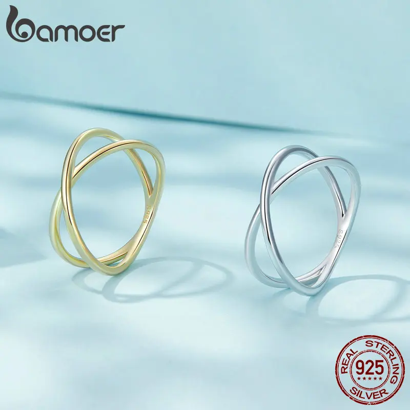 BAMOER anello X placcato oro 14K delicato anello croce minimalista in argento Sterling 925 per le donne Promise Jewelry SCR543