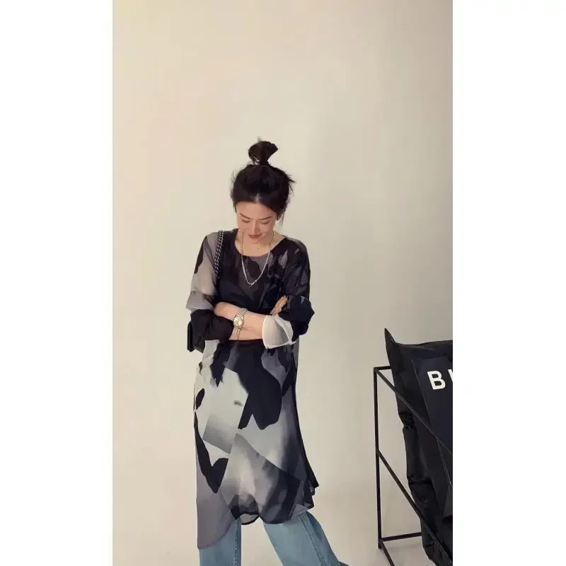 Chemisier imprimé géométrique pour femmes, chemise en mousseline de soie à manches longues, décontracté, Y2k, hauts asymétriques, nouvelle collection été