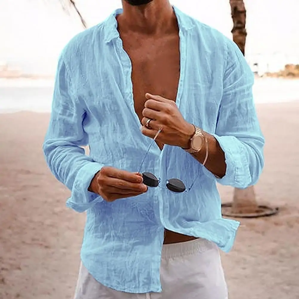 Camisa de manga larga con solapa de lino y algodón para hombre, Tops plisados finos de Color sólido, de una sola botonadura cuello en V, camisa informal, Tops transpirables